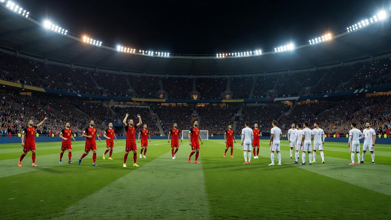 Vibrant stadium floodlights illuminate a lush green pitch as two football teams align on opposite sides. Players stand in formation, emphasizing the intense anticipation before the high-stakes match begins tonight.