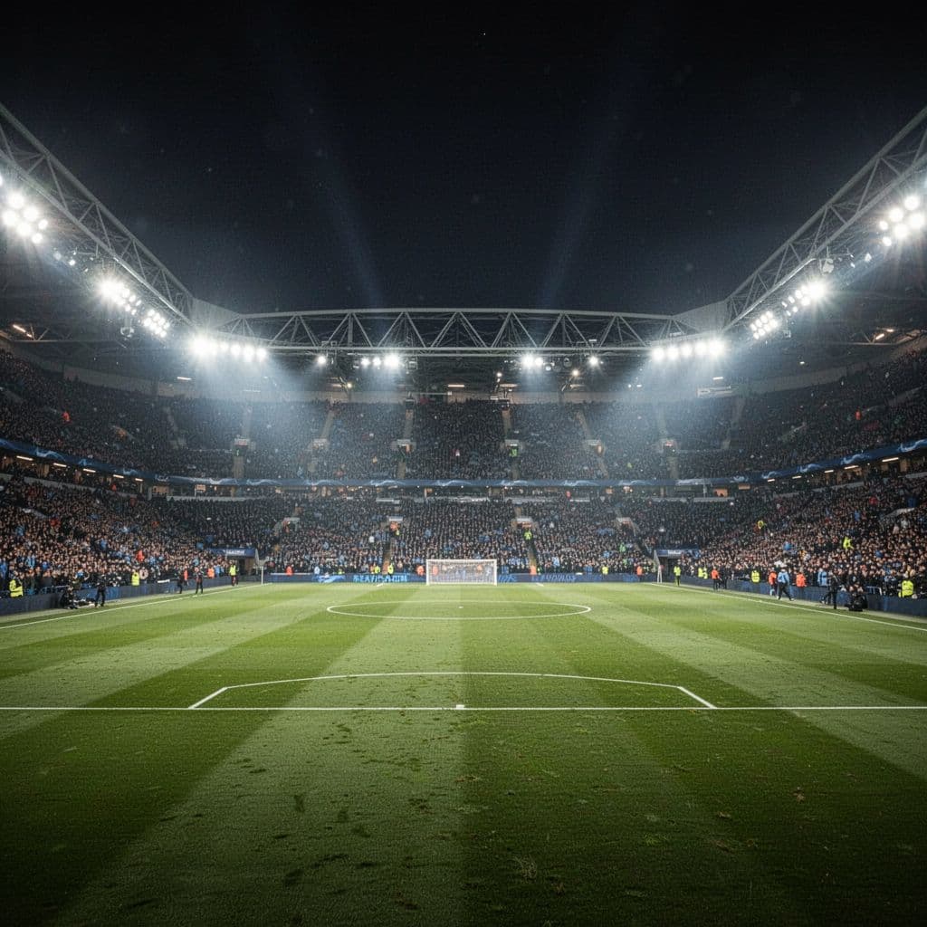 Bright floodlights illuminate a lush green professional football pitch within a packed, atmospheric stadium.