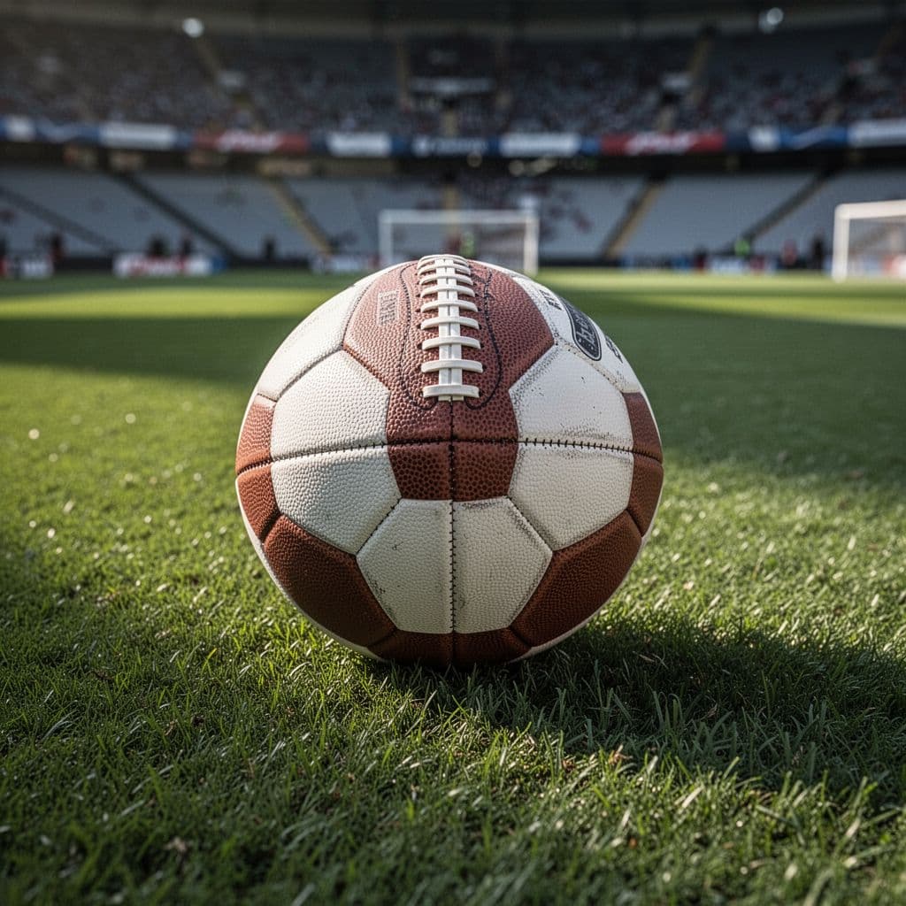 A single football sits centered on the manicured green grass of a professional stadium field.