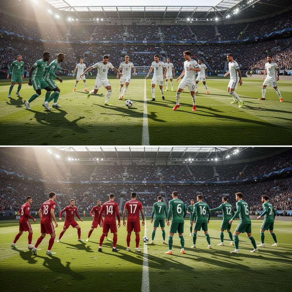 A split-screen view depicts a football pitch where players in jerseys organize offensive plays on the left, while defenders maintain a structured formation against an opposing team on the right.