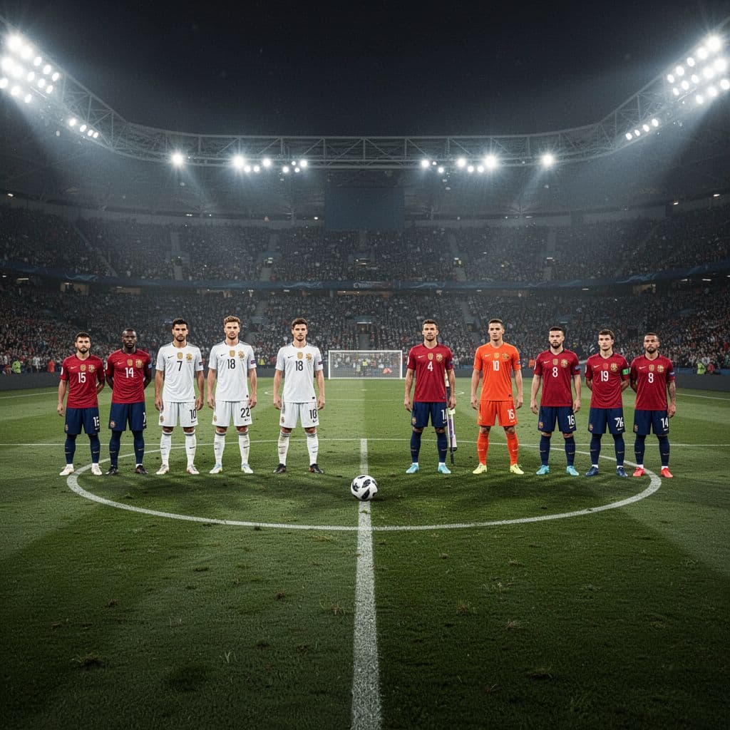 Two football teams stand on opposing sides of the pitch under bright stadium floodlights. A single ball sits prominently in the center circle, highlighting the strategic positions of every player present.