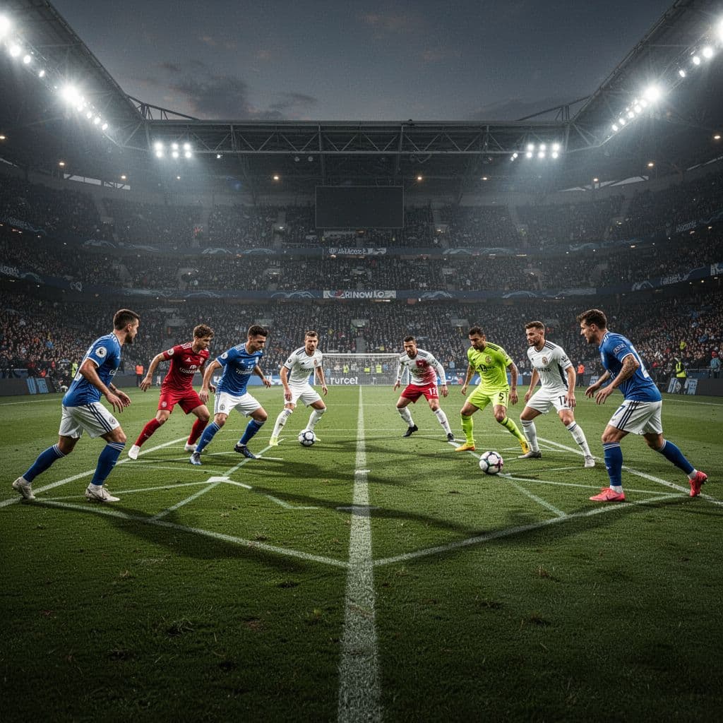 Two competing football teams stand in organized tactical formations on a vibrant green grass field during a professional stadium match. Bright cinematic stadium lights illuminate the players' intense athletic focus.