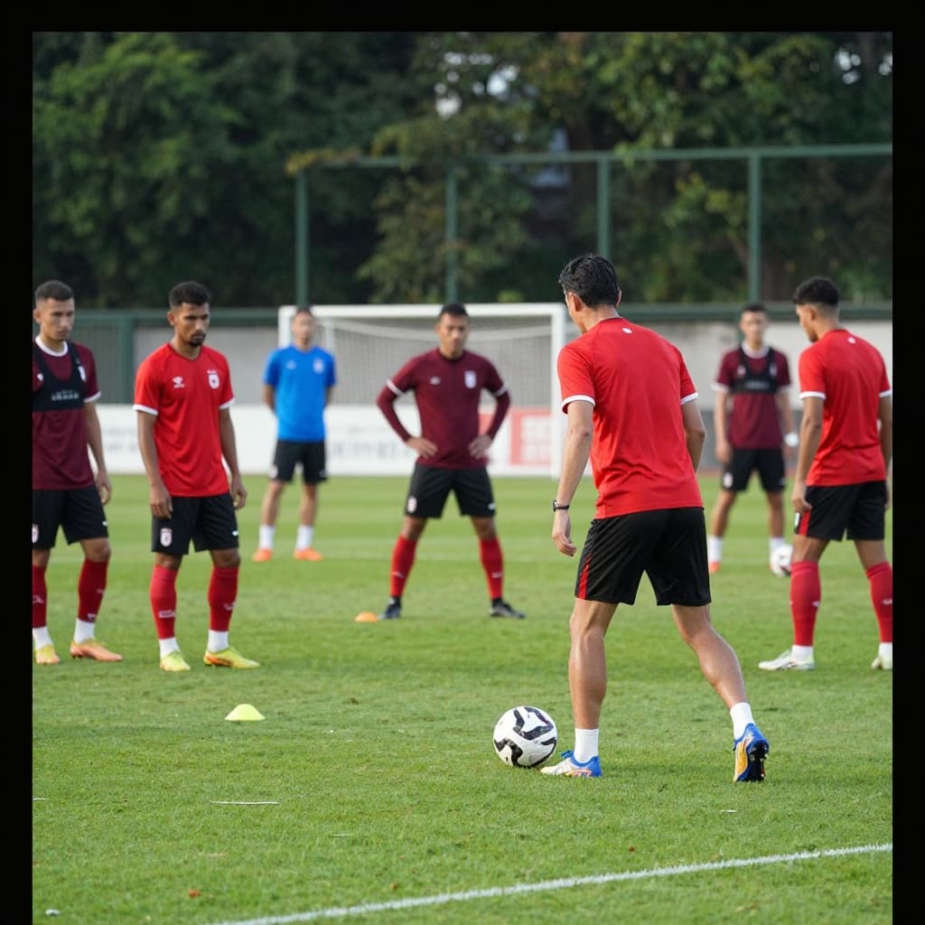A professional coach instructs his players on a lush green soccer pitch during an afternoon training session.