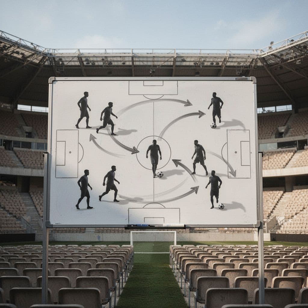 A tactical whiteboard displays player positioning markers and movement arrows against a blurred stadium background.