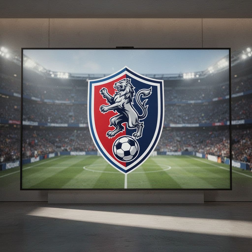 A modern digital display showcasing a professional football team emblem with stadium lighting in the background.