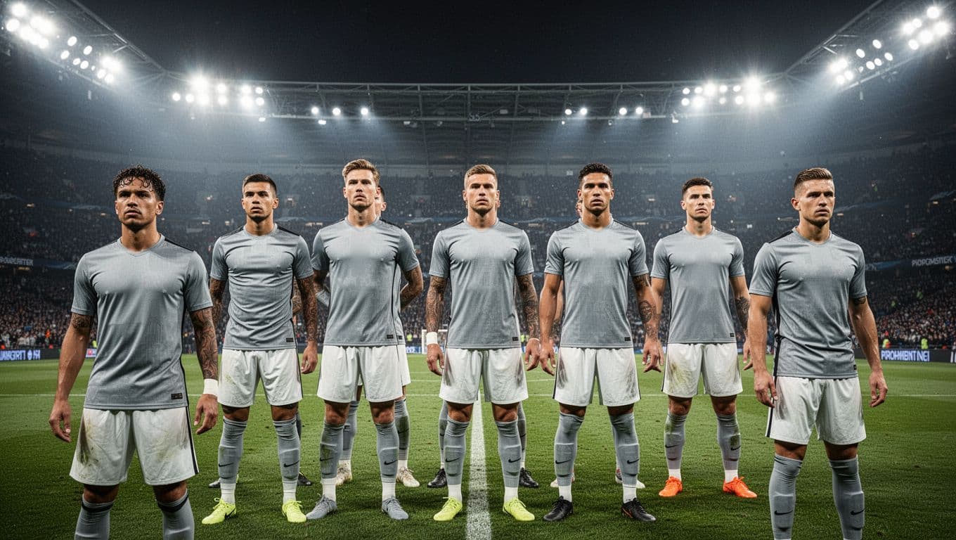 A group of focused football players stands in a straight line on the lush green pitch. Bright stadium floodlights illuminate their determined faces against the dark, expansive backdrop of the arena.