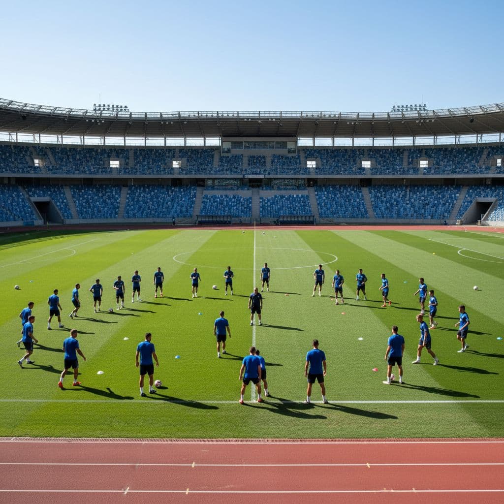 Athletes in colorful training kits run drills across a vibrant green pitch inside a professional stadium. The clear blue sky hangs above the empty bleachers during their intense daytime practice session.