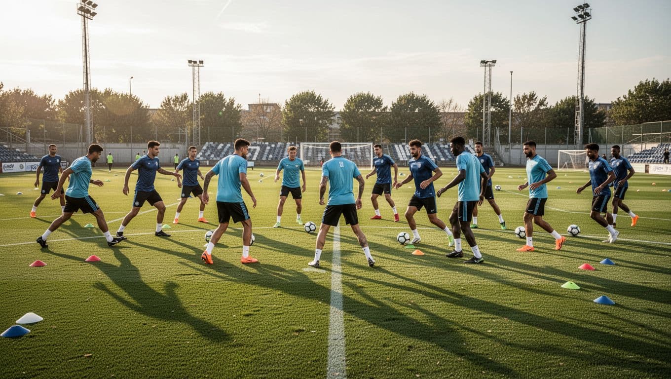 A group of professional soccer players engages in a structured drill on a vibrant green pitch during late afternoon. They work in unison, focusing on coordinated movement and athletic team strategy.