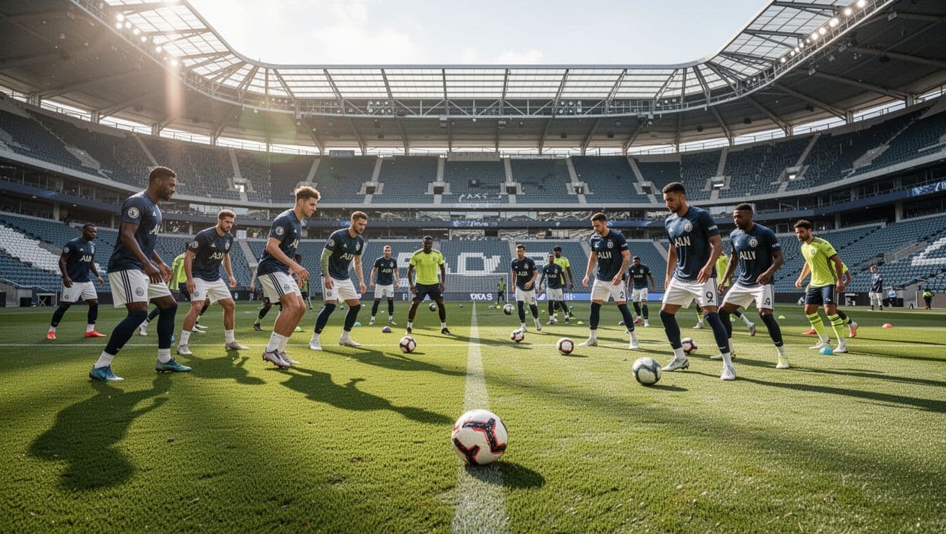 Athletes perform agility drills on a lush green pitch inside a sprawling modern stadium. A single football rests on the grass while teammates sprint under the bright midday sun.