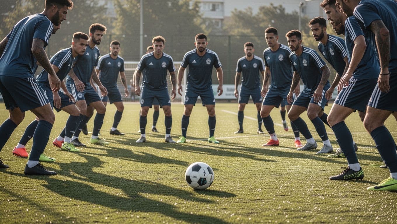 A group of professional football players in uniform engage in a tactical drill on a vibrant green grass pitch. The warm afternoon sun illuminates the field while a single ball sits nearby.