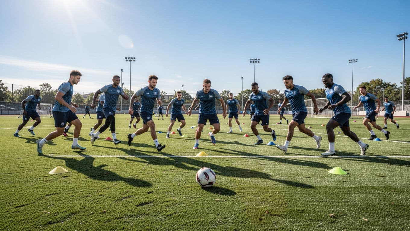 A football team performs drills on a sunny grass field with a ball resting nearby.