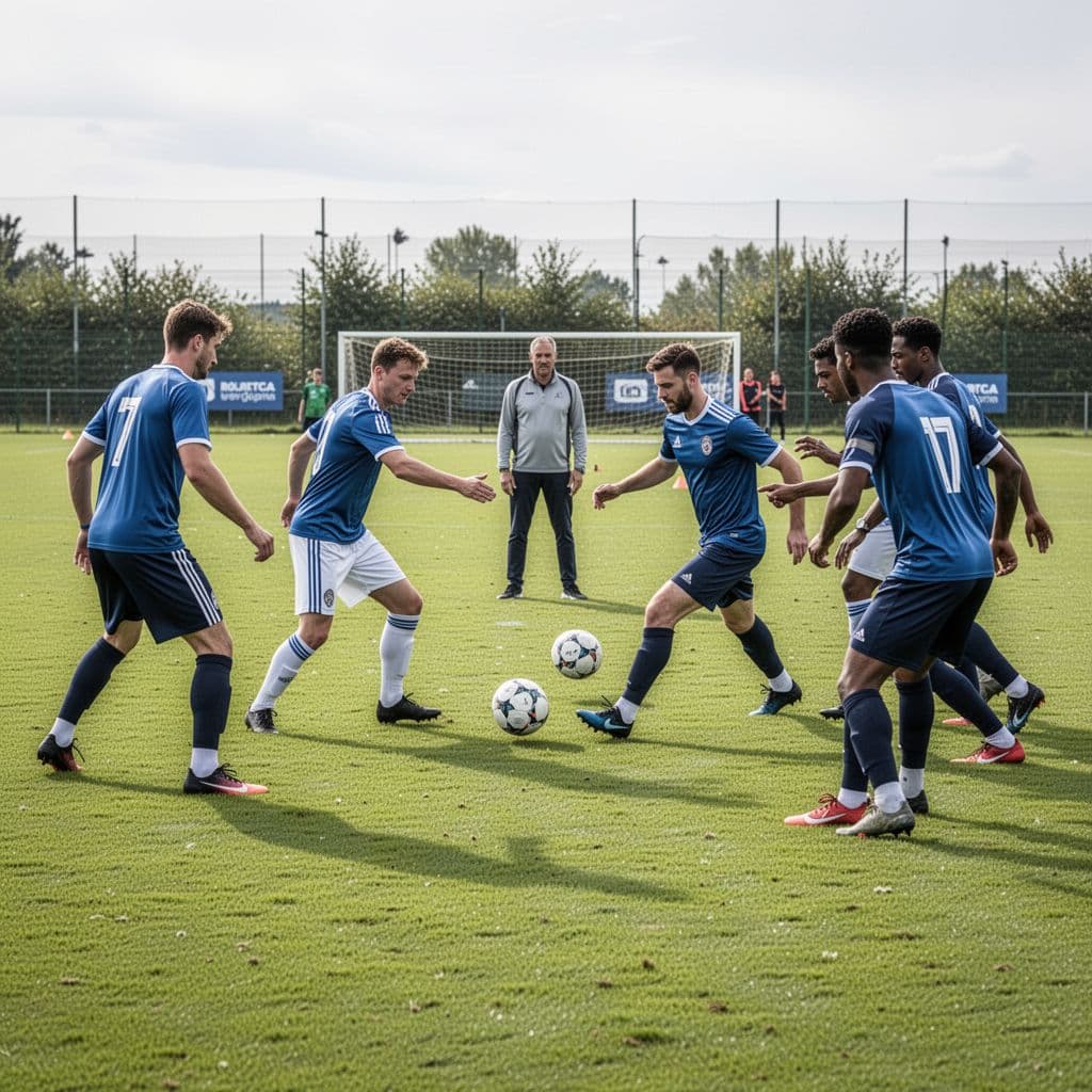 A professional football squad practices on a green pitch while their coach watches from the sidelines.