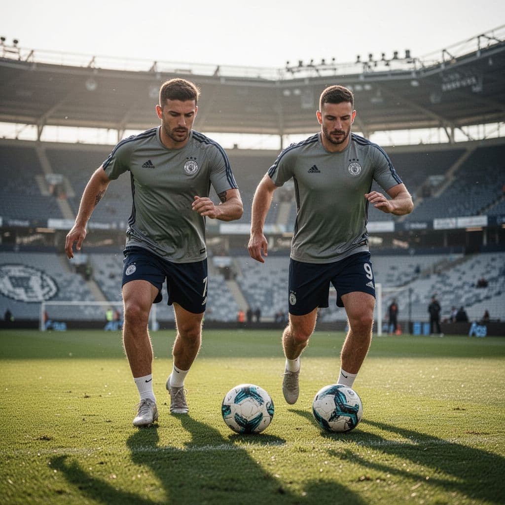 Athletes in matching training gear perform intense drills on a lush, sunlit grass field. The players demonstrate sharp tactical focus as they prepare for the upcoming competitive match in the stadium.