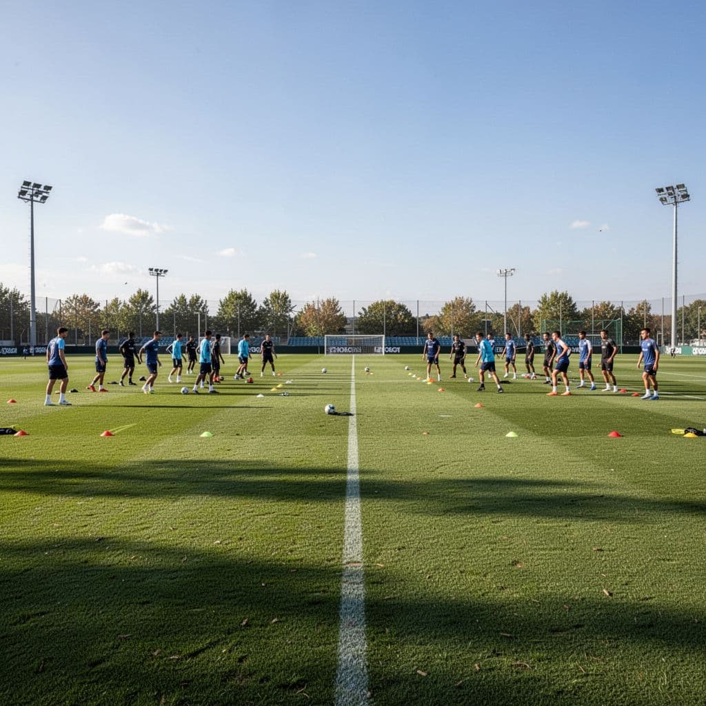 Dua kelompok pemain sepak bola berlatih di sisi berbeda lapangan hijau yang luas di bawah langit cerah, suasana latihan profesional.