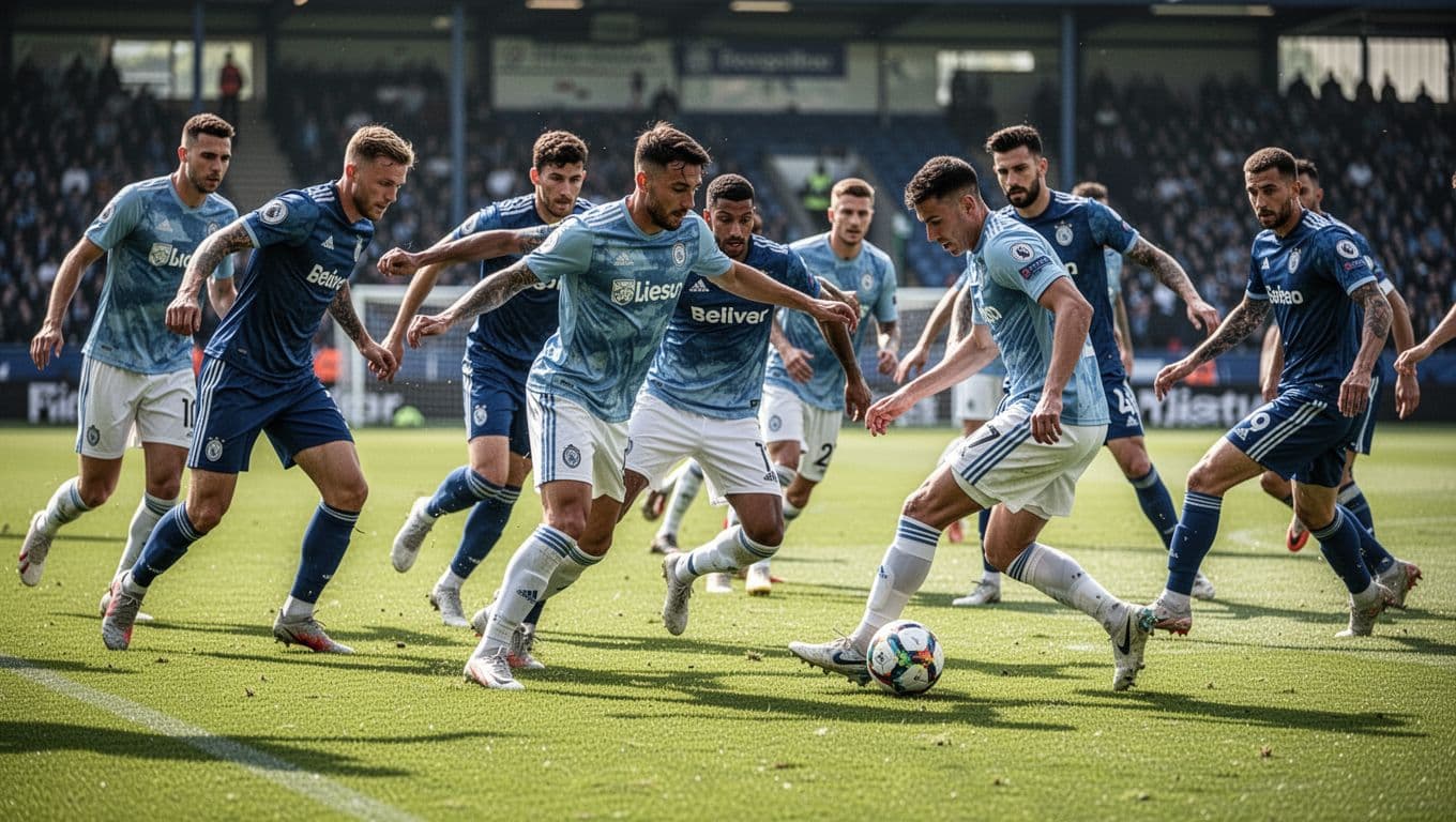 Grouped soccer players in team jerseys sprint across a vibrant, freshly mowed grass pitch. Tactical cones and portable equipment are strategically placed around the field during a high-intensity drill session.