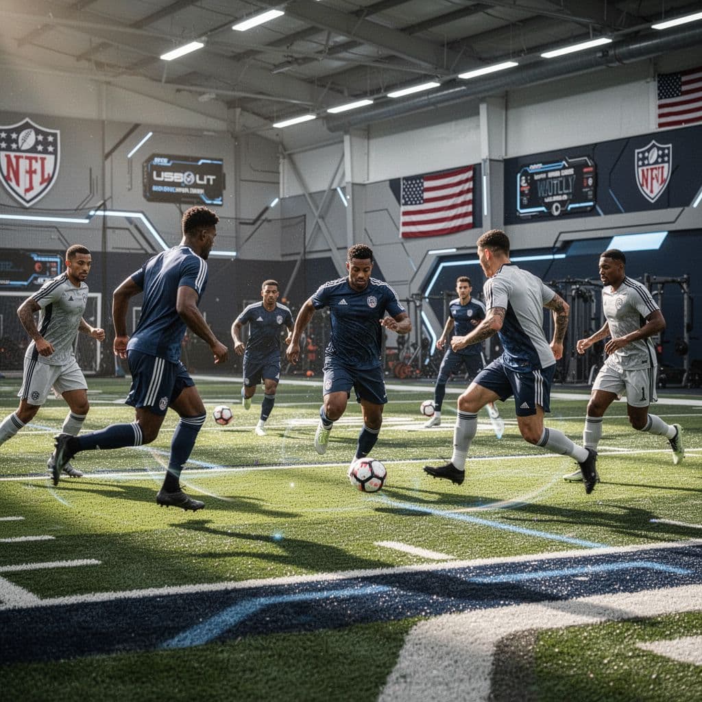 Athletes in sports gear practice drills on a modern outdoor football pitch during bright daylight.