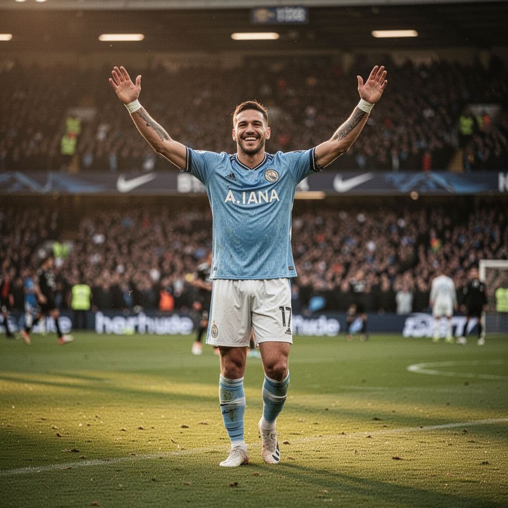 A football player cheers in excitement on the pitch with a blurred stadium crowd in the background.