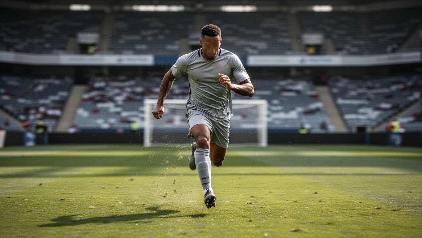 A football player in a jersey runs across a grass pitch during an intense match.