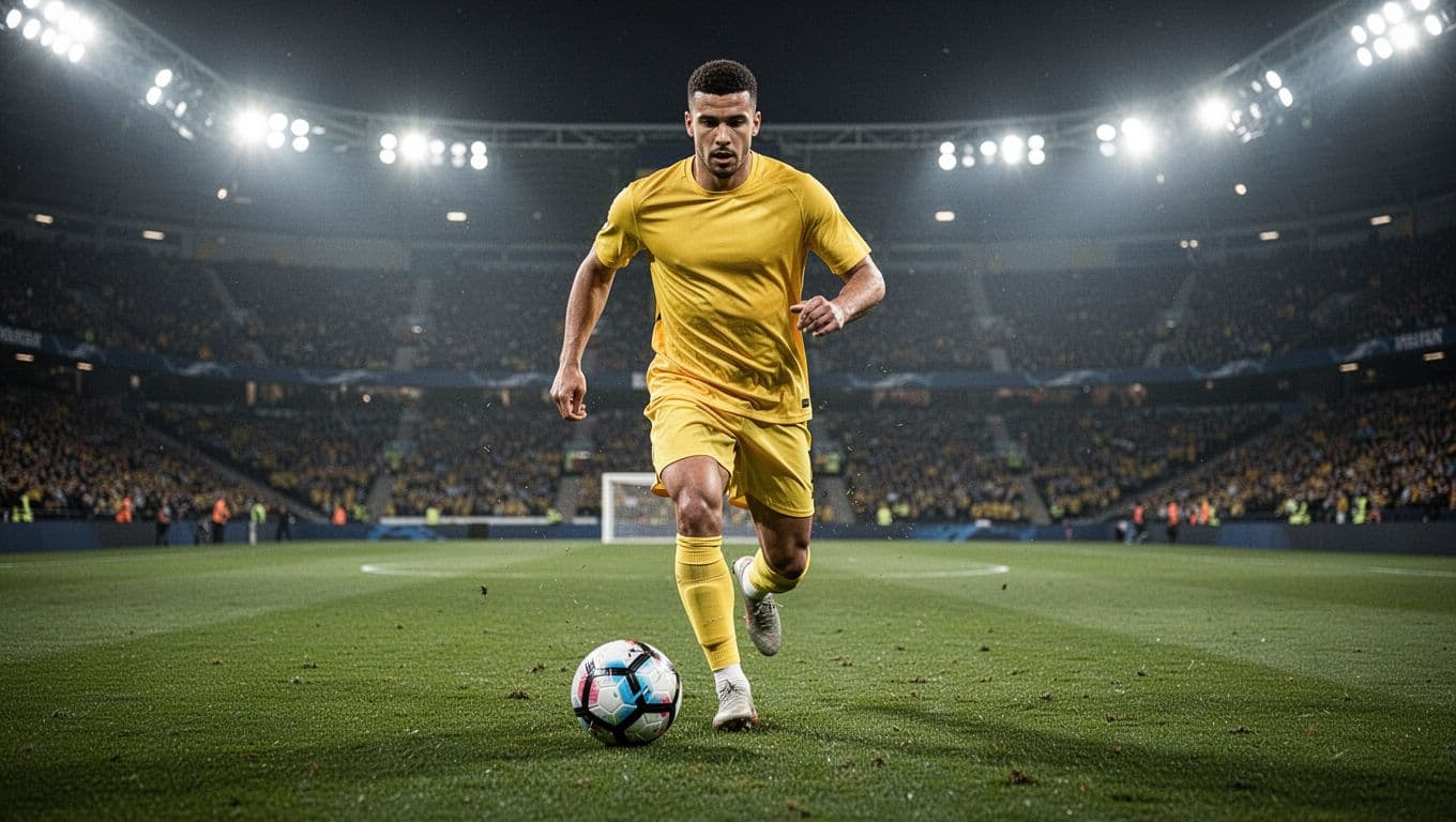 A professional athlete wearing a bright yellow jersey sprints across a lush green pitch. Stadium floodlights glow in the blurry background, highlighting the intense focus of the player during the match.