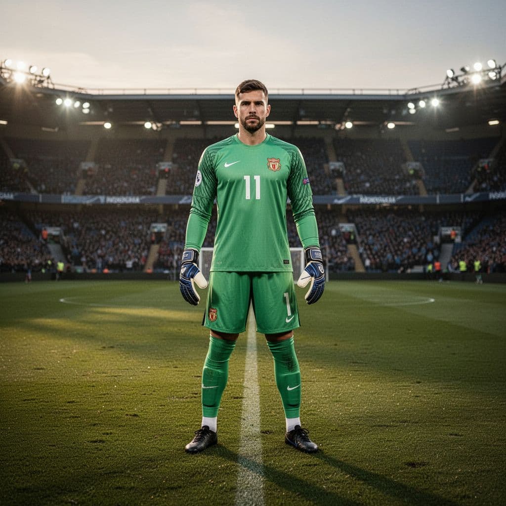 Professional goalkeeper in full kit stands alert on green grass football pitch with stadium background and soft evening lighting.