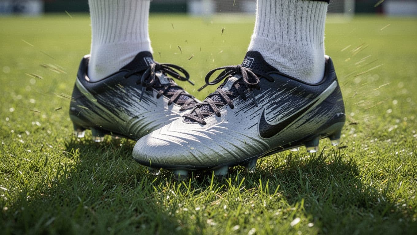A close-up view of professional soccer cleats resting on a green natural grass pitch.