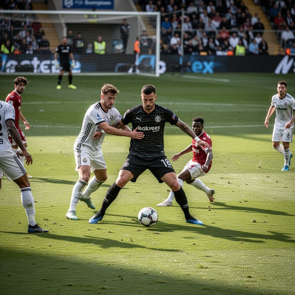 A focused soccer player marks an opponent during a disciplined defensive play on the pitch.