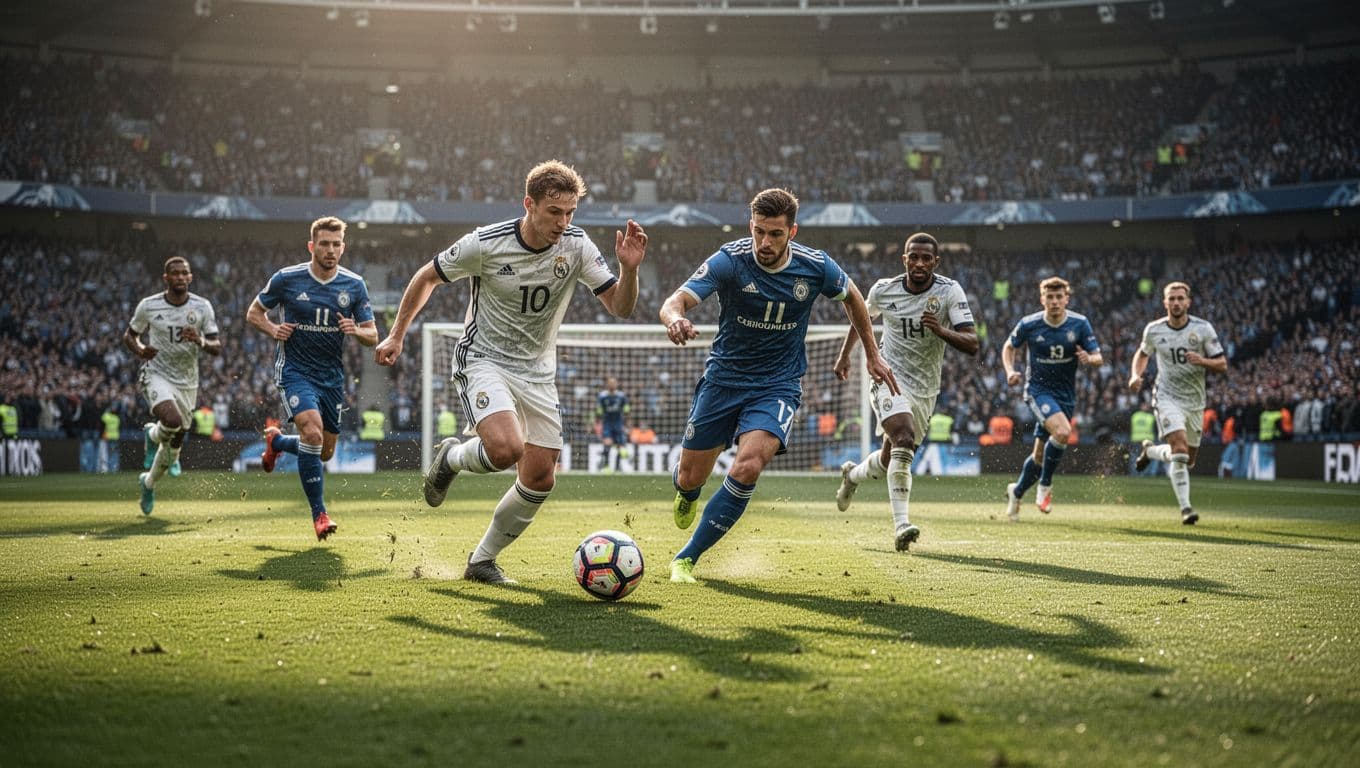 Athletes in colorful uniforms sprint across the vibrant green grass of a massive stadium. The background features a blurred crowd under bright daylight, highlighting the fast pace of the championship game.