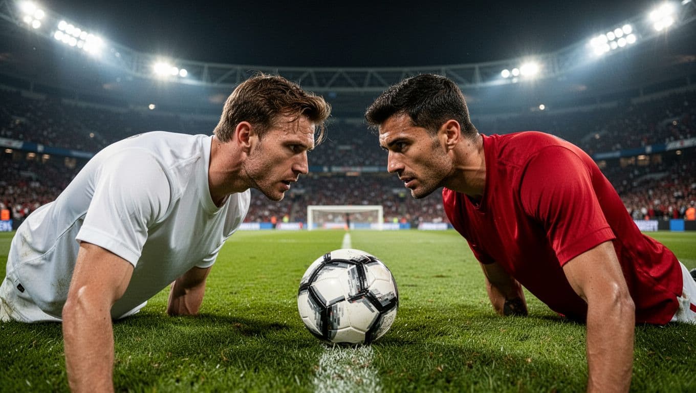 Two professional athletes in red and white kits battle for possession on a lush grass pitch. The stadium floodlights illuminate their intense expressions during this high-stakes moment of the game.