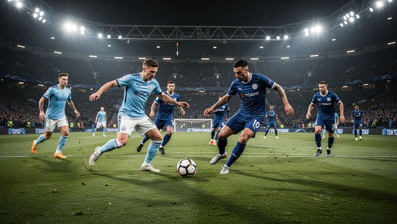 Players in sky blue jerseys compete against opponents in deep blue uniforms during an intense match. The action unfolds on a vibrant green pitch illuminated by bright overhead stadium floodlights.