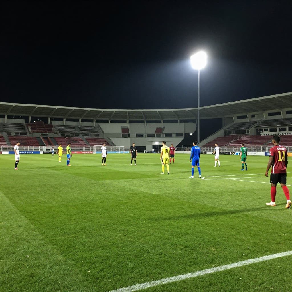 Two teams face each other on a lush green pitch inside an illuminated stadium at night.