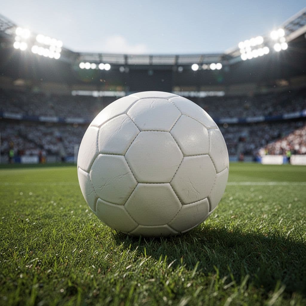 A textured professional soccer ball rests stationary on the lush green grass of a stadium pitch. Glowing floodlights create a soft, blurred bokeh effect in the background during a night match.