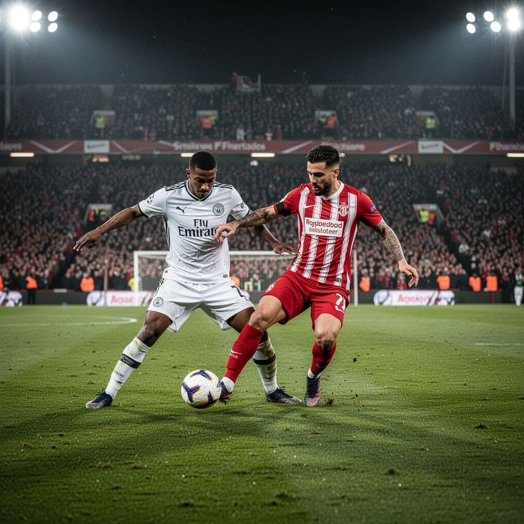 Players in white and red striped jerseys clash for possession in the center of a brightly lit pitch. The vast stadium stands are blurred in the background beneath high-intensity floodlights.