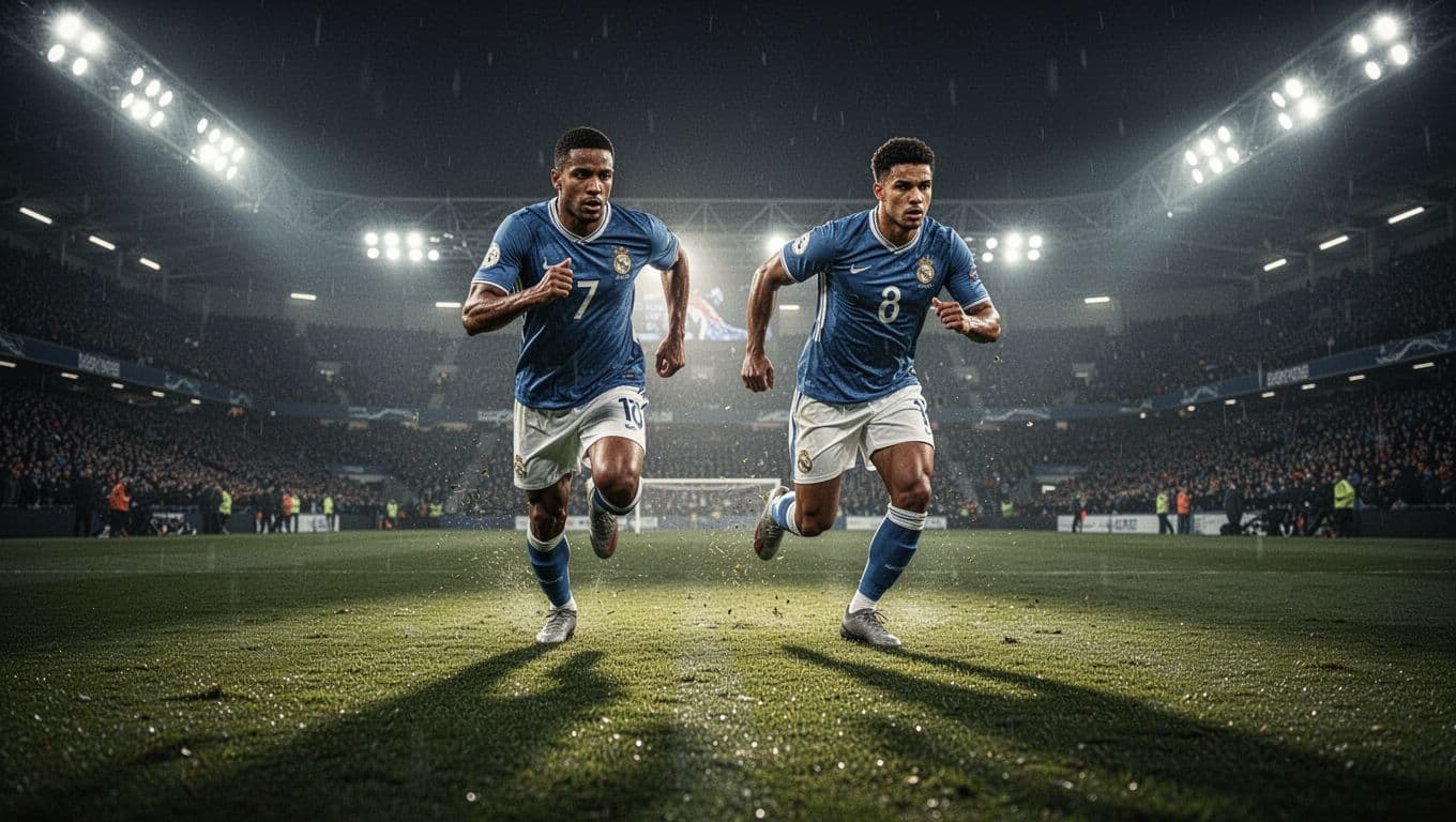 Two soccer players in athletic jerseys maintain intense focus on the field during a night game. Bright stadium floodlights cast dramatic shadows across the lush green grass and their determined faces.