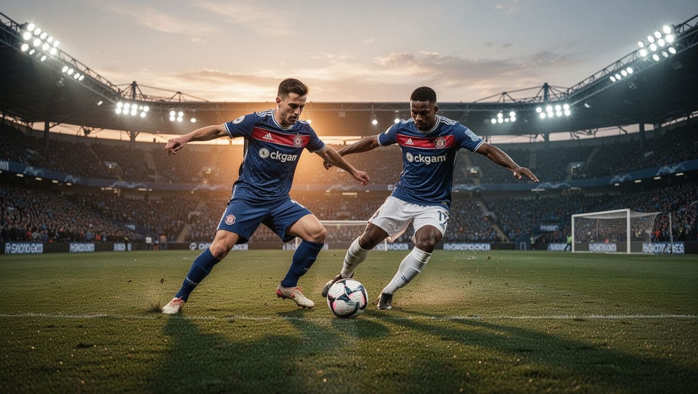 Players compete for the ball on a grass field during an evening stadium match.