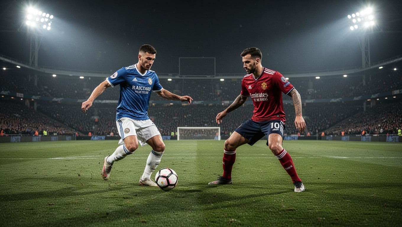 Two professional athletes face off on a vast green field under intense stadium floodlights during a night match. One player prepares to kick the ball while the opponent maintains a defensive stance.