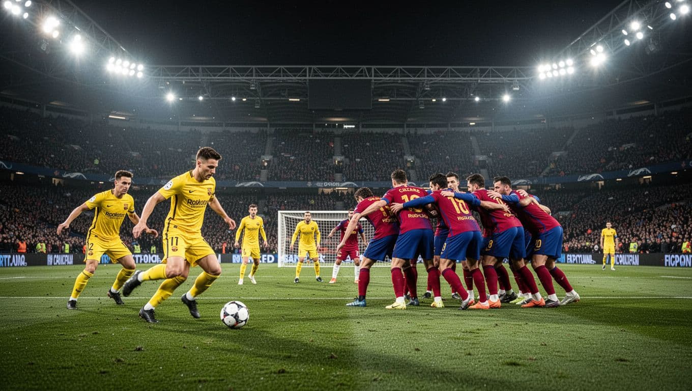 Players in yellow jerseys navigate the ball past a dense defensive line of opponents wearing red and blue kits. The action unfolds on a vibrant grass pitch inside a vast stadium.