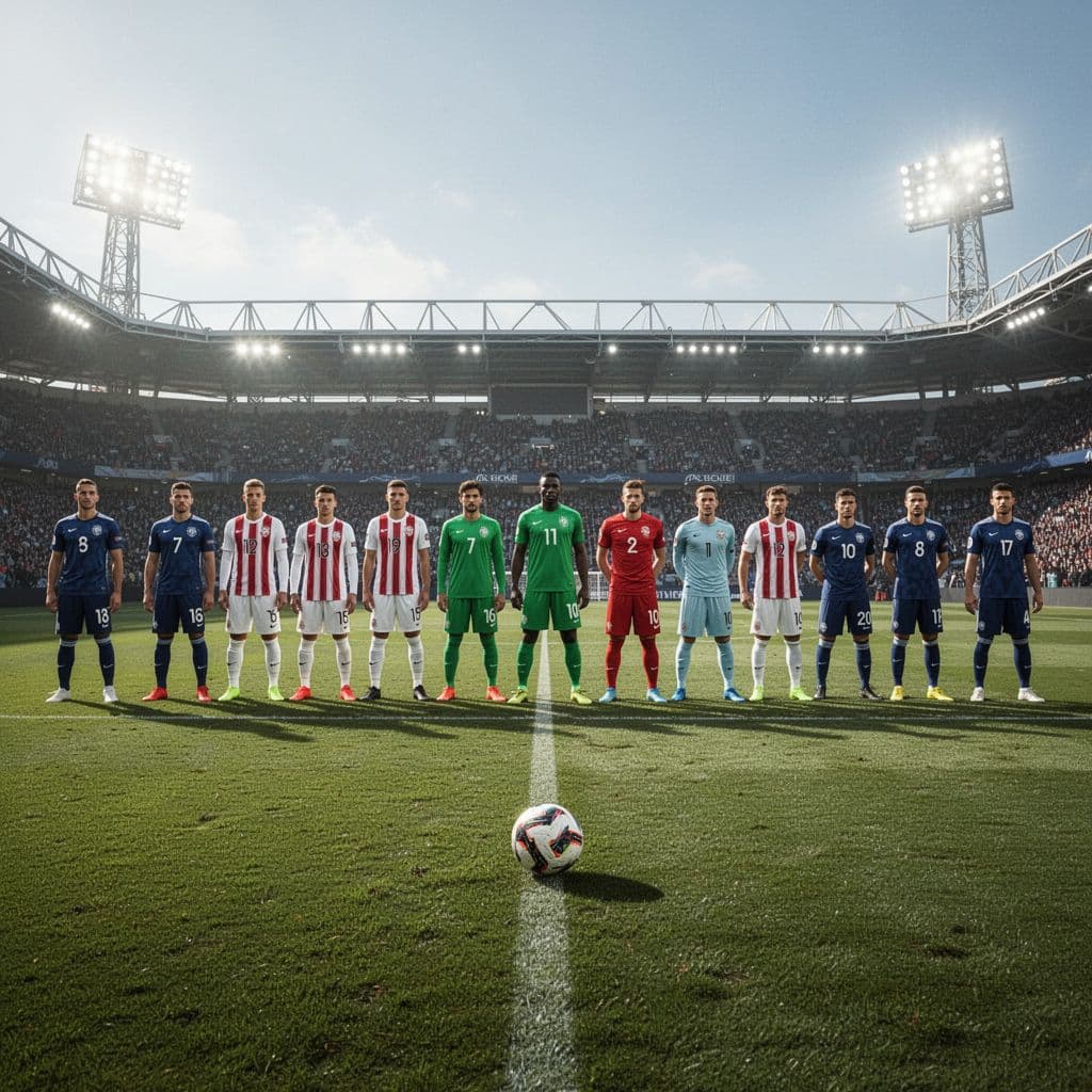 Players in uniform spread across a vibrant green pitch during an intense match. Strategic positioning is clear as the ball sits centrally while stadium lights glow faintly under the bright sky.