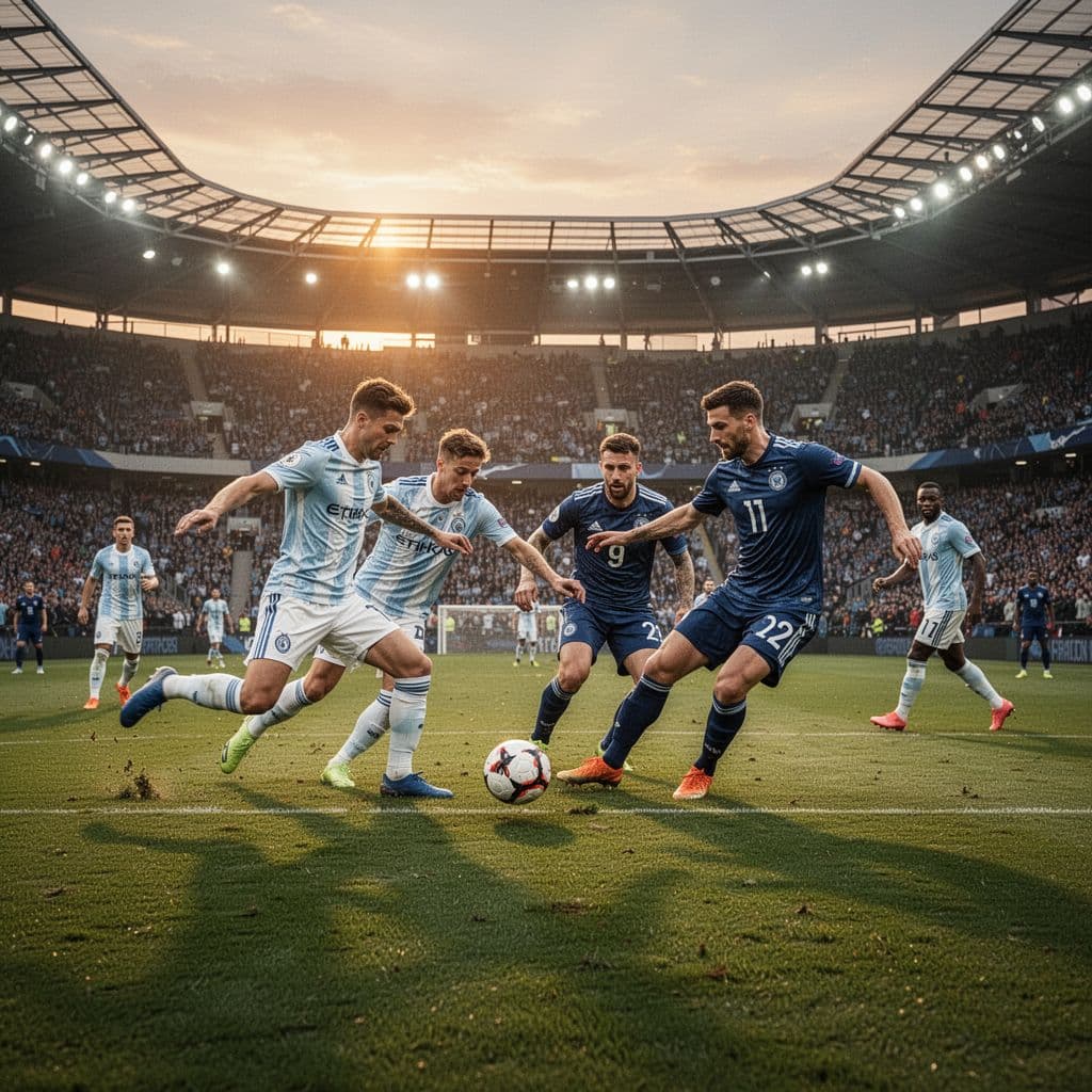 Two soccer teams compete for ball possession in the center of a grand stadium during sunset. Golden rays highlight players on the pitch while the crowd cheers from the surrounding stands.