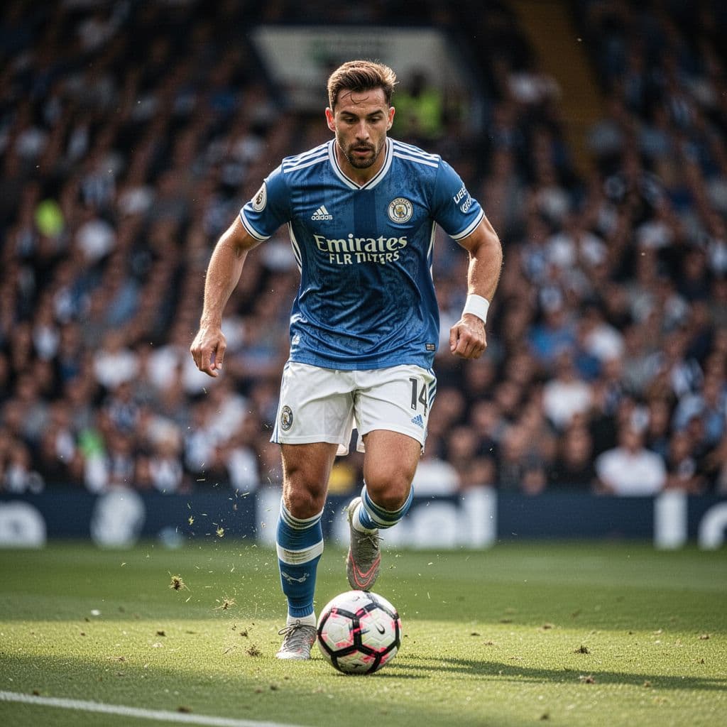 An intense athlete maneuvers a soccer ball across a lush green pitch under bright daylight. The background features a softly blurred stadium crowd, emphasizing his focused expression and athletic determination.