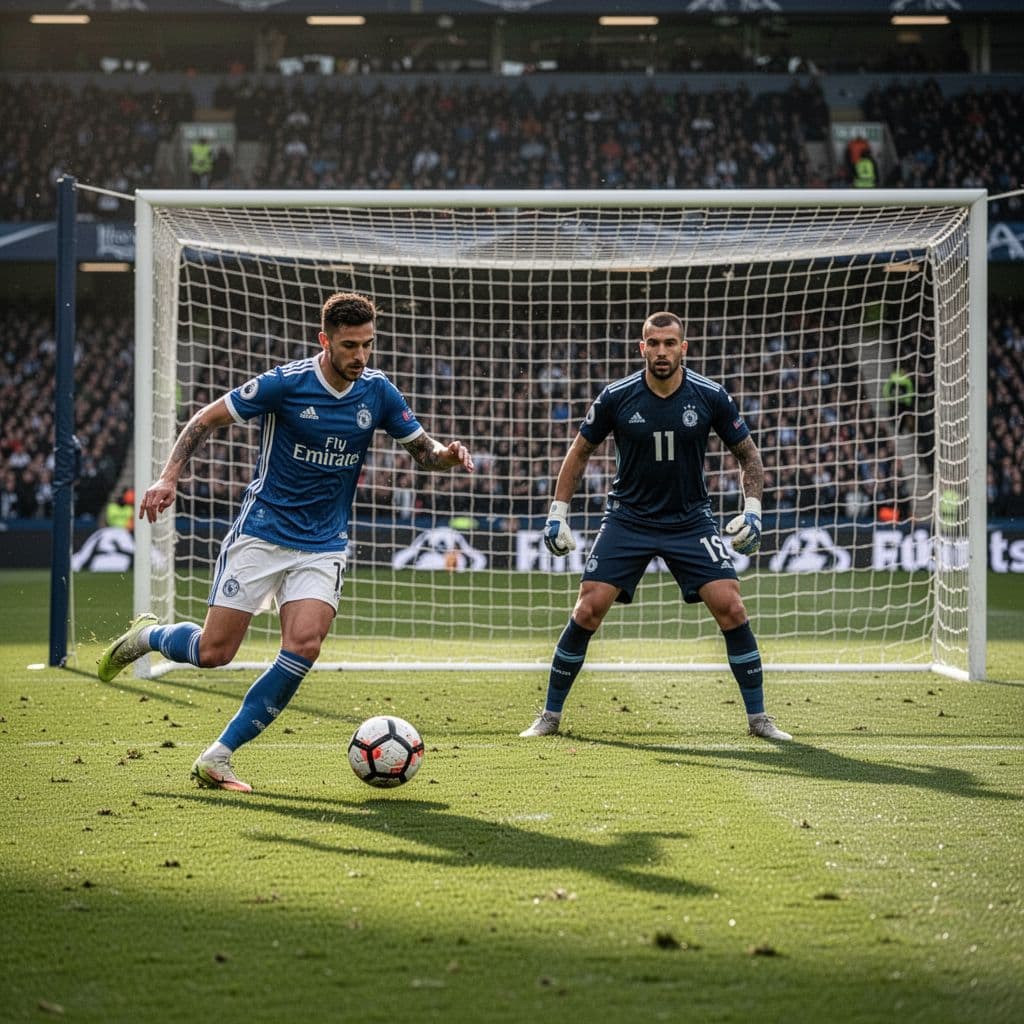 A dynamic winger sprints down the grass field controlling the ball while a striker waits in front of the goal post. Bright stadium sunlight illuminates the intense competition between the two players.