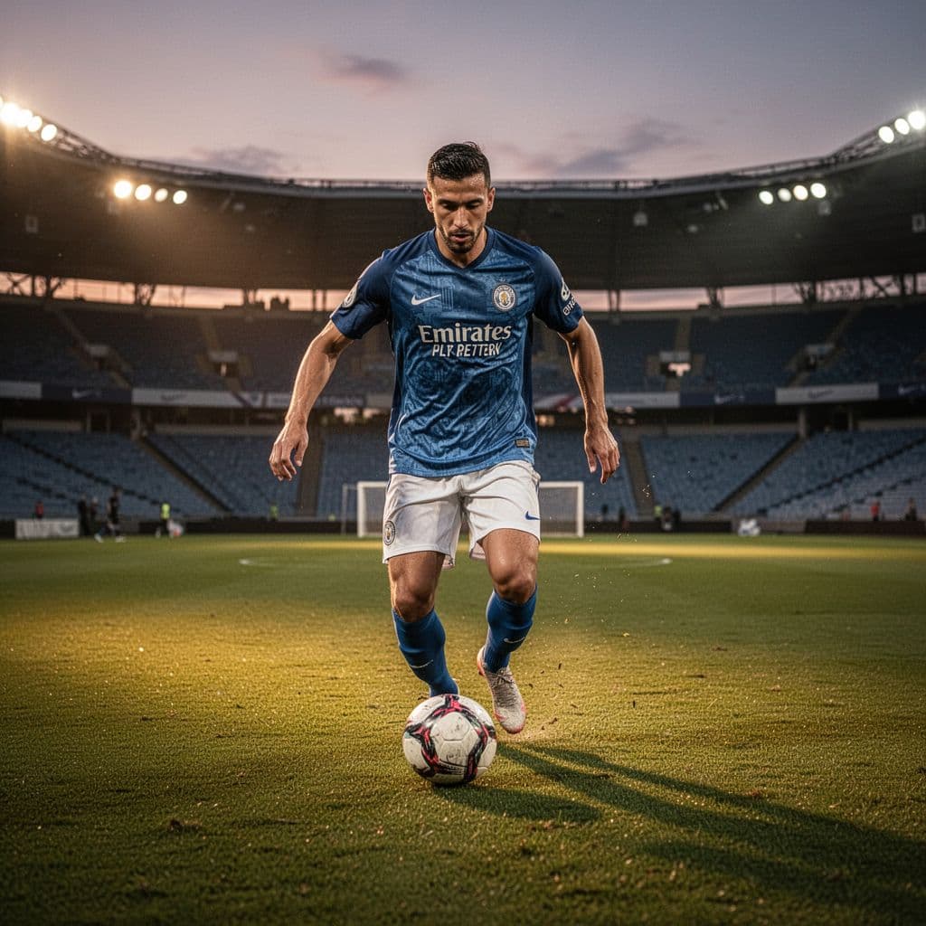 A soccer player dribbles a ball across a field during a sunset training session.