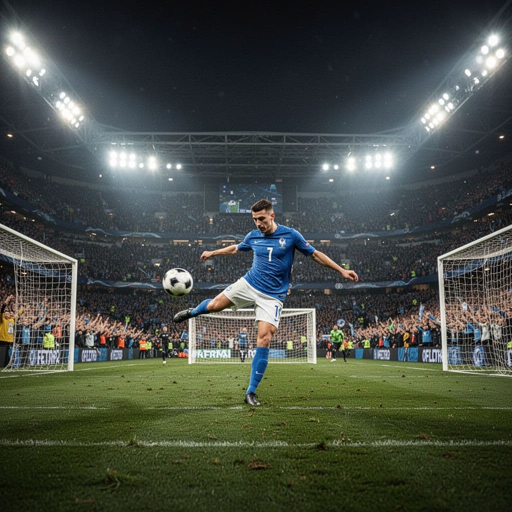 A soccer player kicks the ball towards the goal in a brightly lit stadium at night.