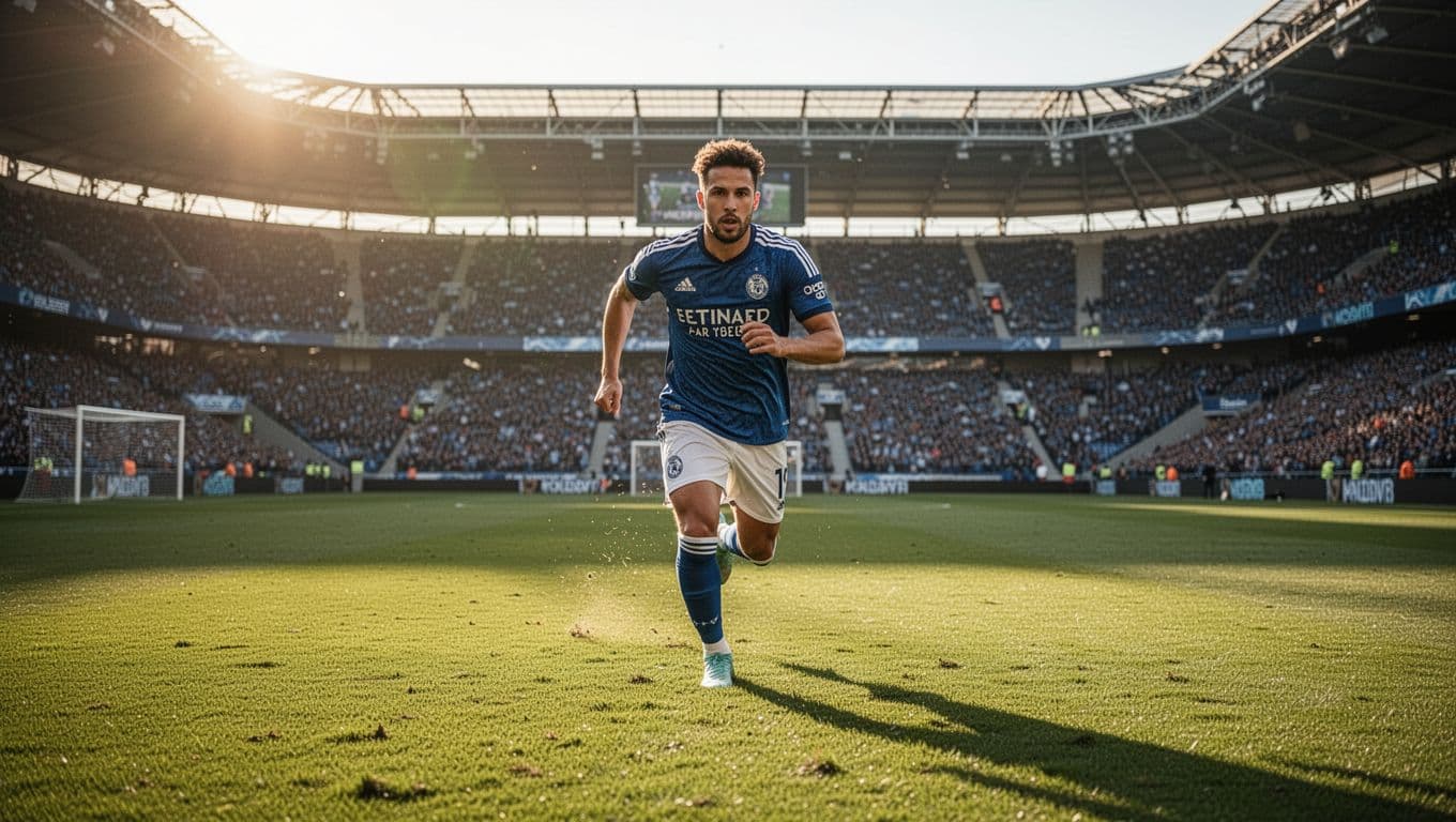 A focused soccer athlete sprints across a vibrant green pitch during a sunlit match inside a massive stadium. The player exhibits intense athletic form while maneuvering through the open field.