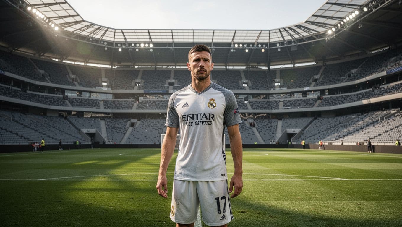 A focused soccer player stands on a vibrant green field inside a massive, modern stadium. Golden cinematic light illuminates his determined expression as he prepares for an intense championship match.
