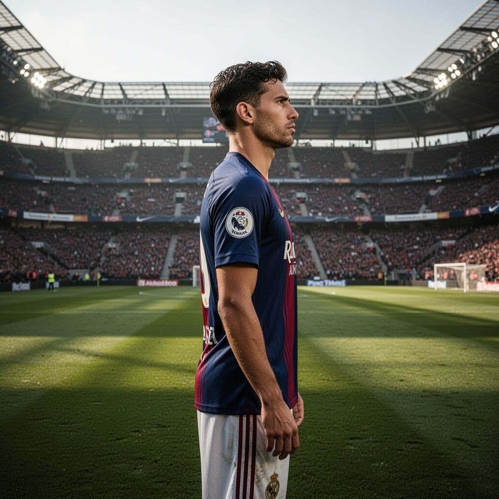 Side-angle view of a professional soccer player in jersey standing on grass field in large stadium with focused expression.