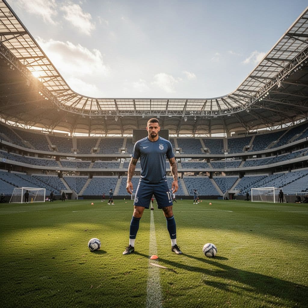 A focused soccer player trains on a green grass field inside a vast, modern stadium.