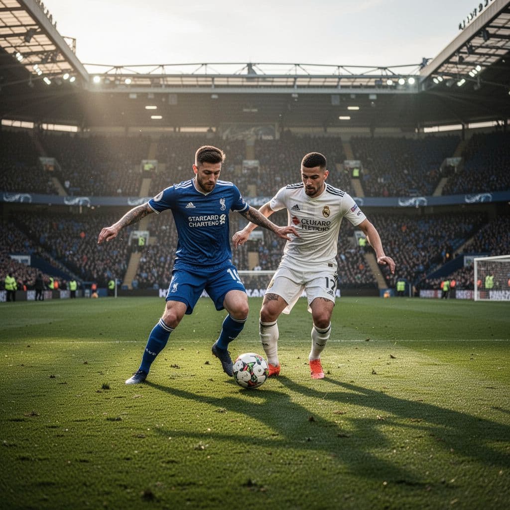 Two professional soccer players in blue and white jerseys contest the ball on a grassy field.