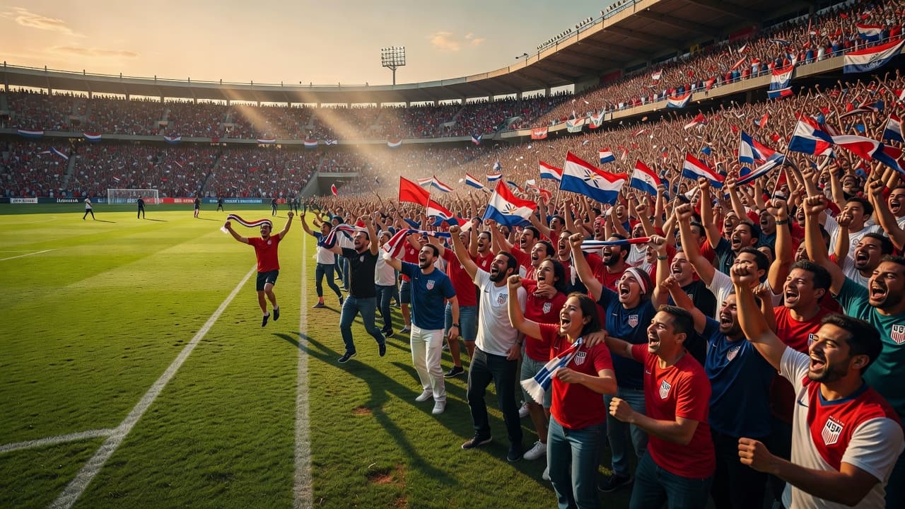 A wide angle shot captures a packed soccer stadium during a golden sunset. Fans stand in the bleachers cheering with arms raised as players celebrate a goal on the lush green grass.