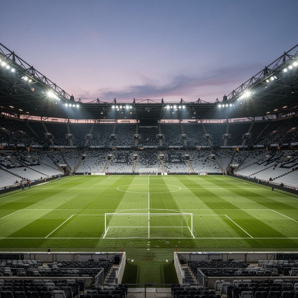 The emerald green pitch sits under glowing floodlights at dusk, surrounded by empty stadium seating rows. High contrast shadows stretch across the pristine grass, emphasizing a quiet yet powerful home atmosphere.