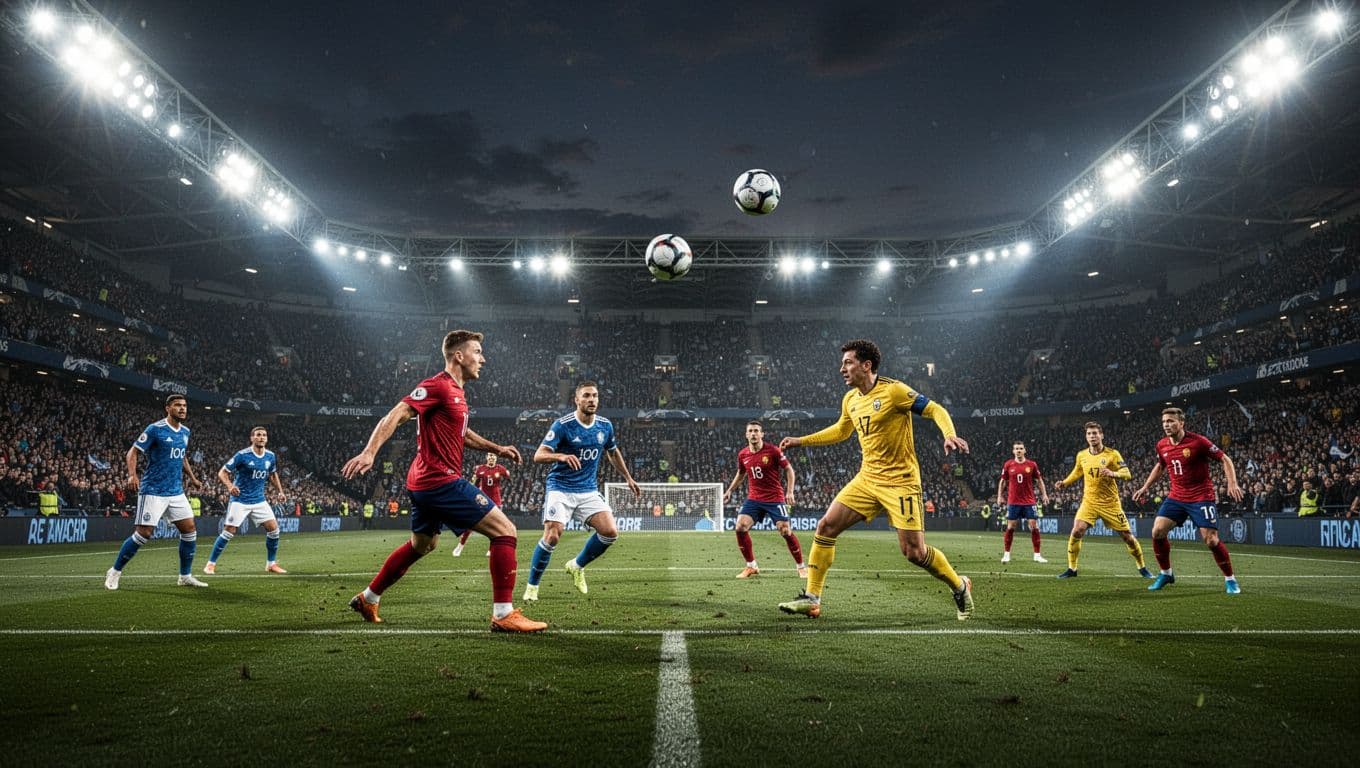 Two soccer teams compete on a lush green pitch under the intense glow of massive floodlights at night. The stadium is filled with energy as players sprint across the field.